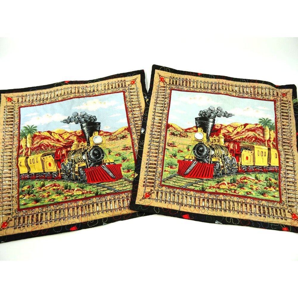 Train Locomotive Pillow Shams Pair Square Railroad Decor 16x16in